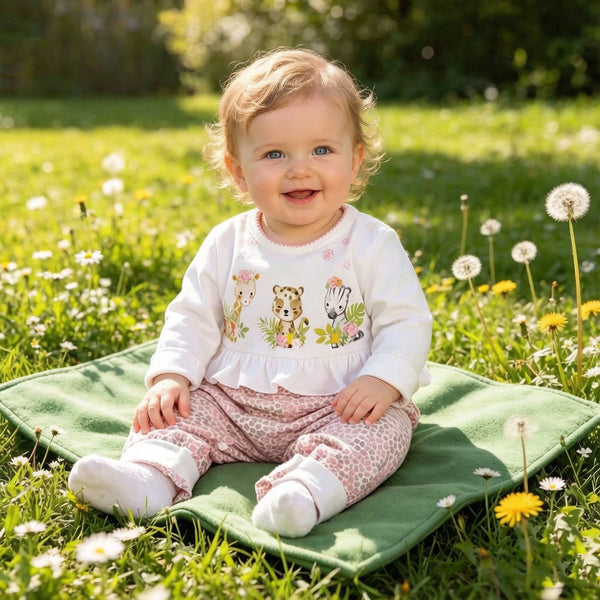 Lovely Three Animals Printed Fold Edge Long-sleeve Baby Girl Jumpsuit