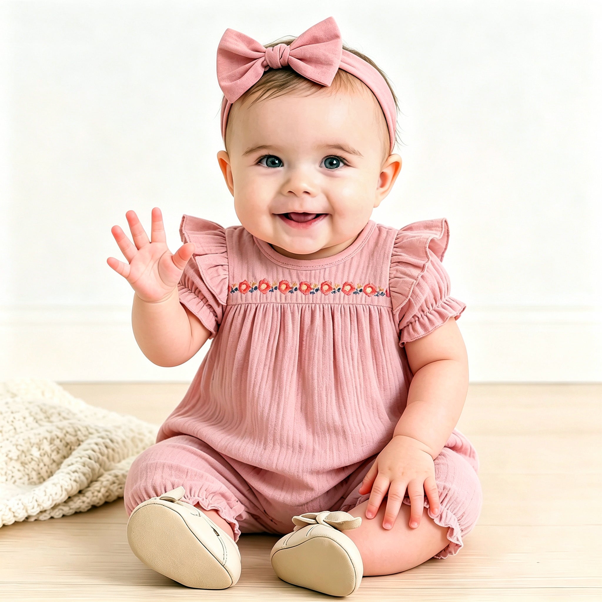 2PCS Pretty Solid Color Floral Embroidery Baby Jumpsuit Secondary image