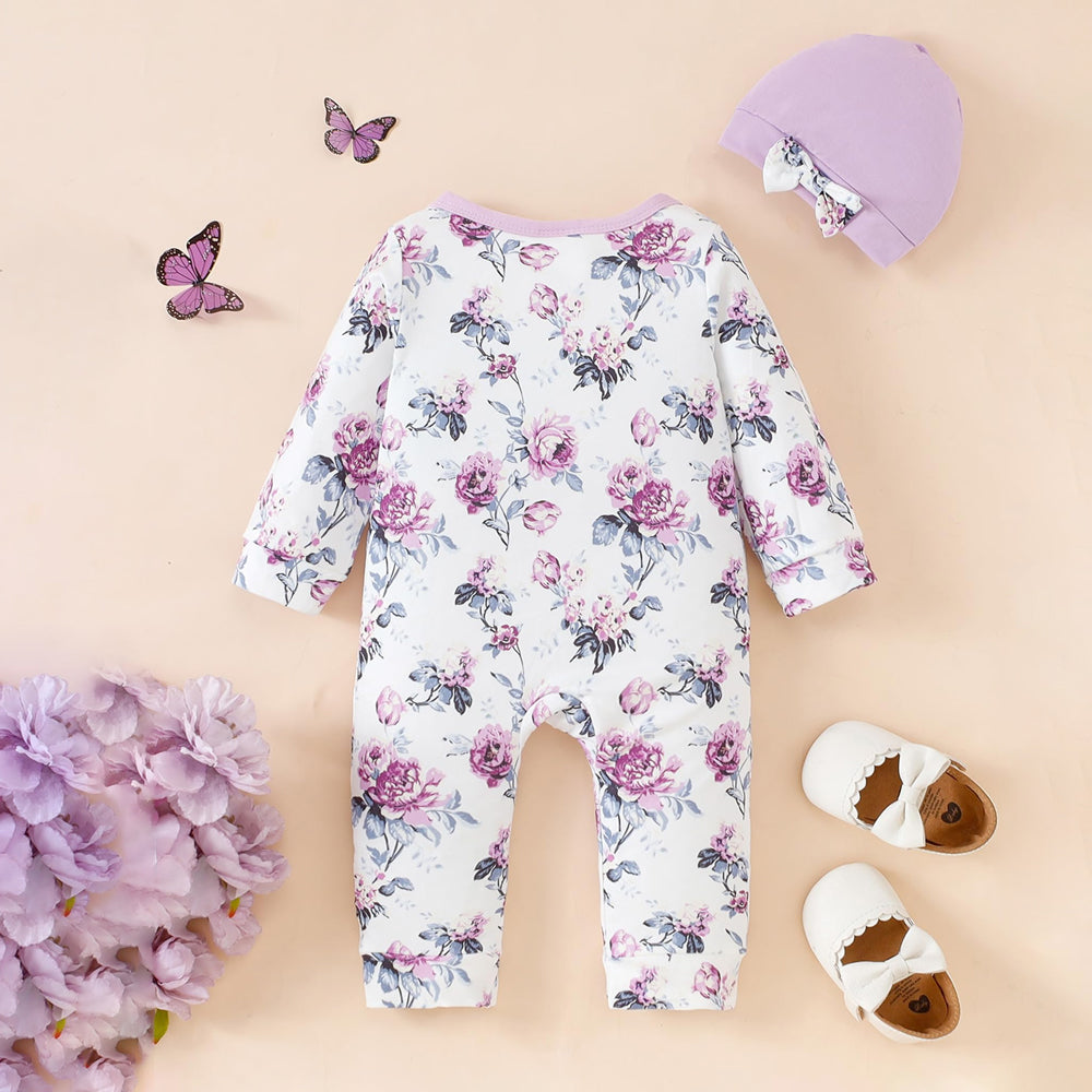 2PCS Elegant Floral Printed Bow Long Sleeve Baby Jumpsuit