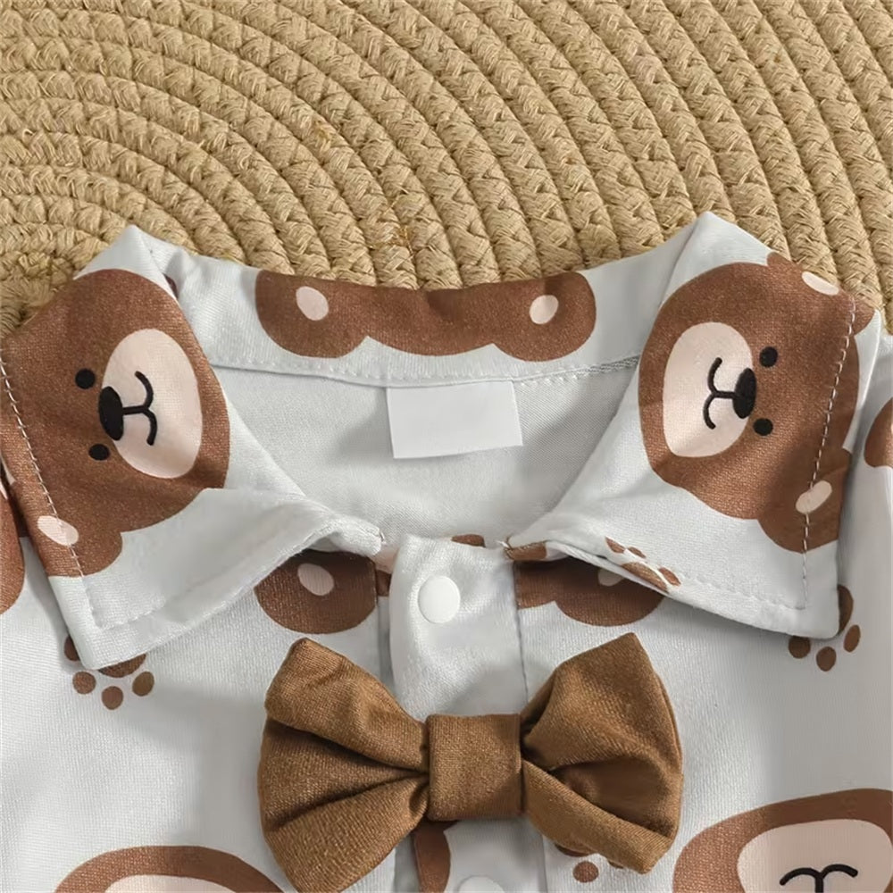 2PCS Adorable Bear Applique Long Sleeve Baby Overalls Set