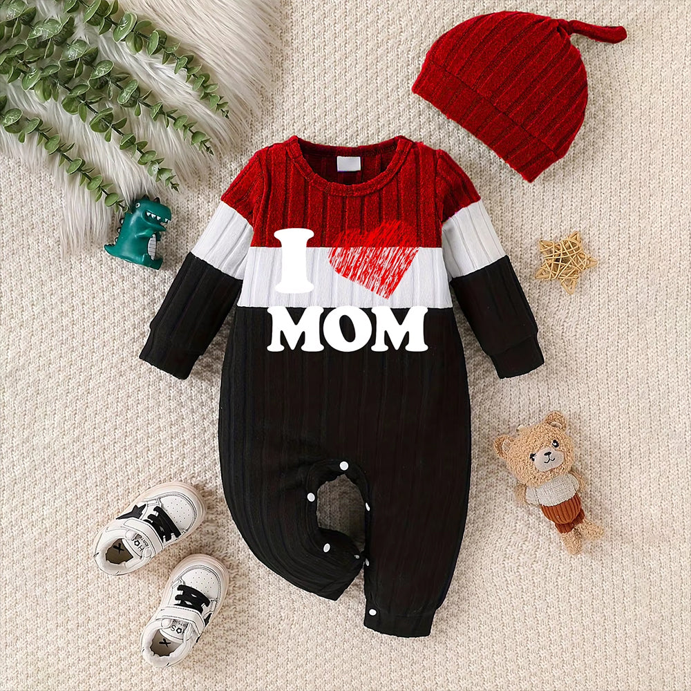2PCS I Mom Letter Heart Print Color Block Long Sleeve Baby Jumpsuit