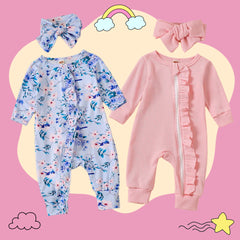 4PCS Pretty Floral Printed Jumpsuit and Solid Color Jumpsuit  Baby Set