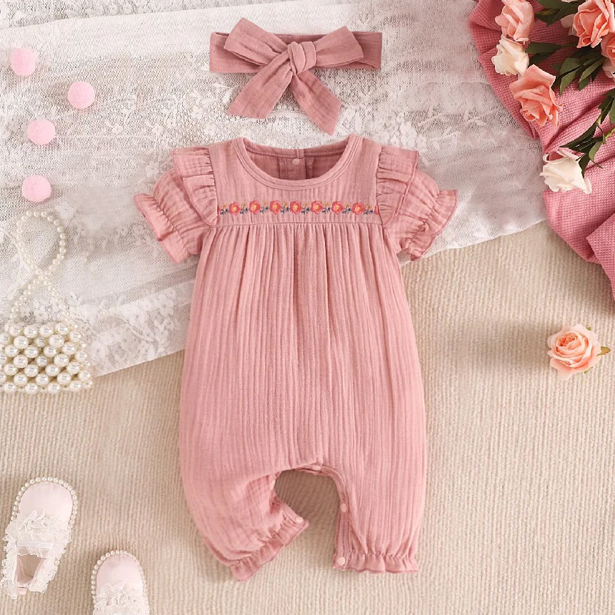 2PCS Pretty Solid Color Floral Embroidery Baby Jumpsuit Main image