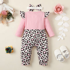 2PCS Sweet Leopard Printed Long Sleeve Baby Jumpsuit