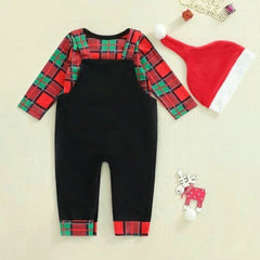 3PCS Letter Embroidered Santa Plaid Print Baby Boy Overalls Set