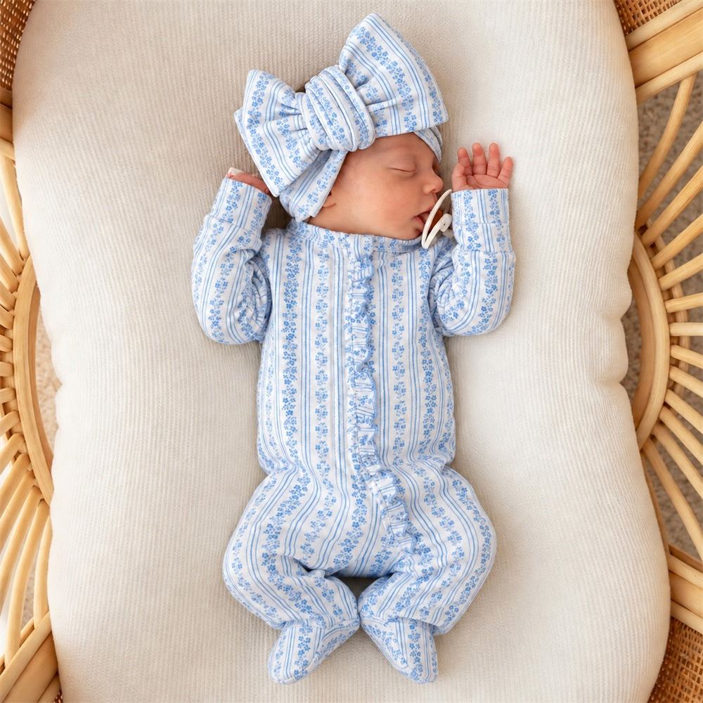 2PCS Cheerful Floral Print Ruffle Long Sleeve Zipper Baby Jumpsuit Main image