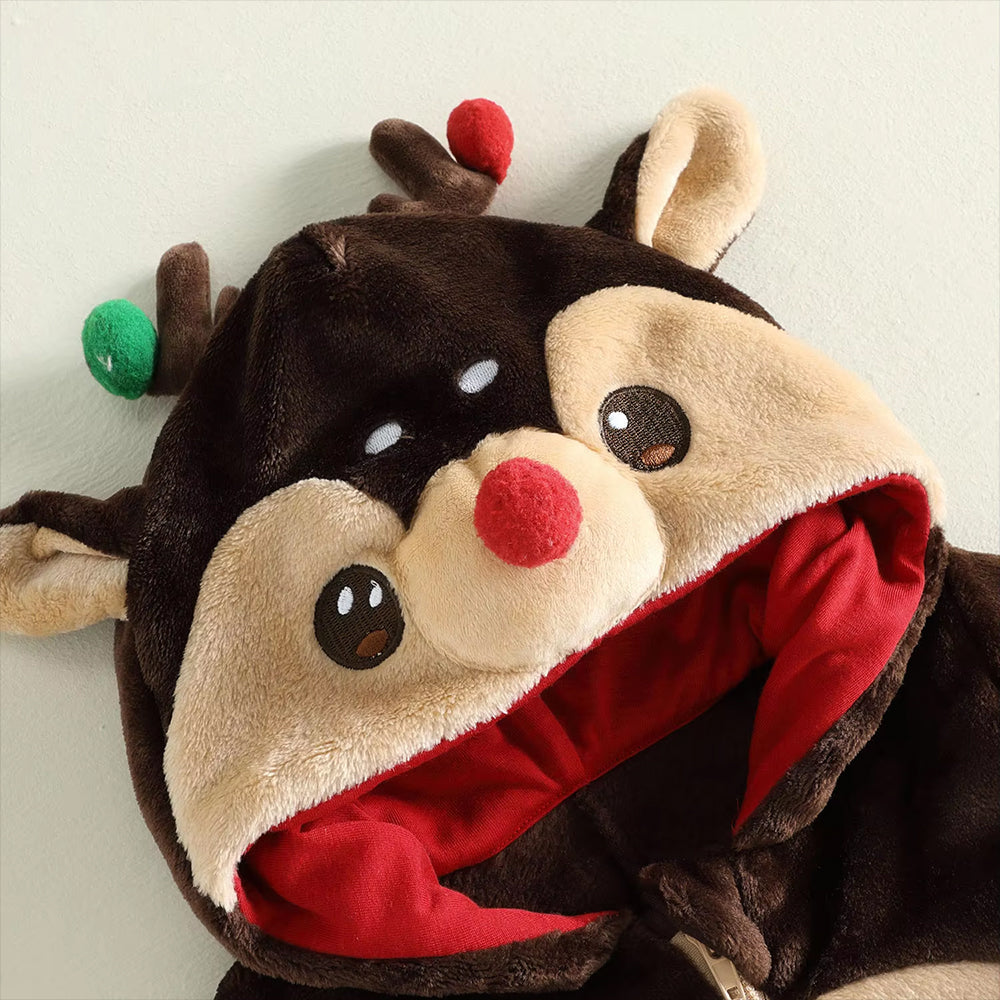 3D Antler Stars Applique Hoodie Plush Zipper Reindeer Baby Jumpsuit