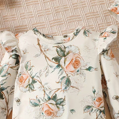 2PCS Vintage Floral Print Long Sleeve Baby Girl Jumpsuit