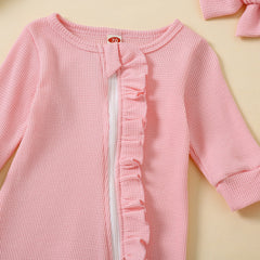 2PCS Solid Color Long Sleeve Ruffle Zipper Baby Jumpsuit