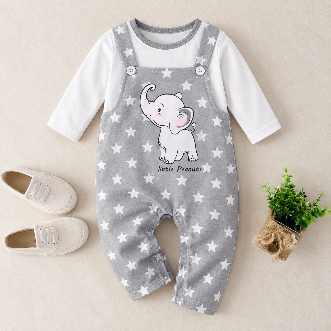 Lovely Letter and Elephant Stars Print Faux Layer Baby Jumpsuit