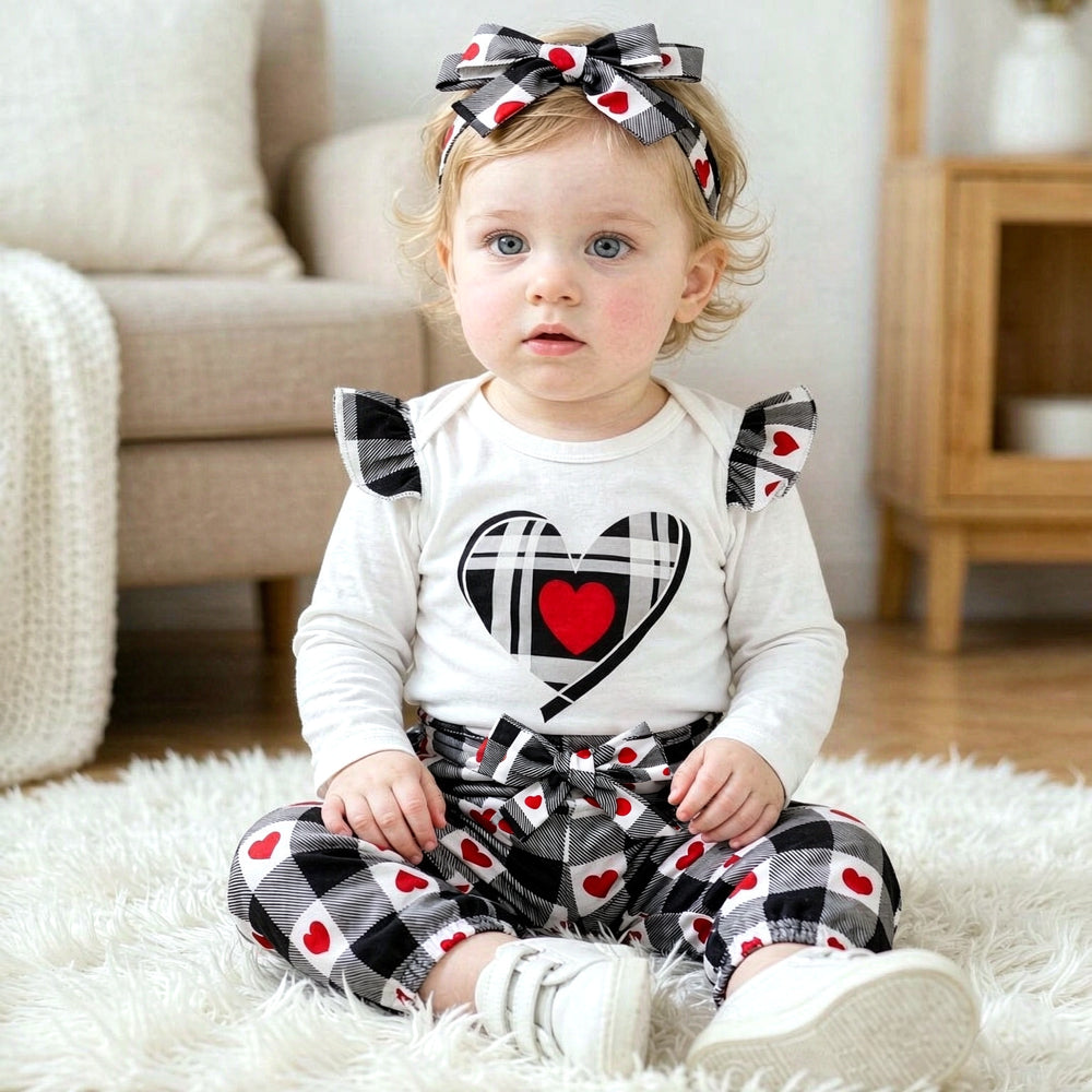 3PCS Plaid Heart Print Long Sleeve Baby Set