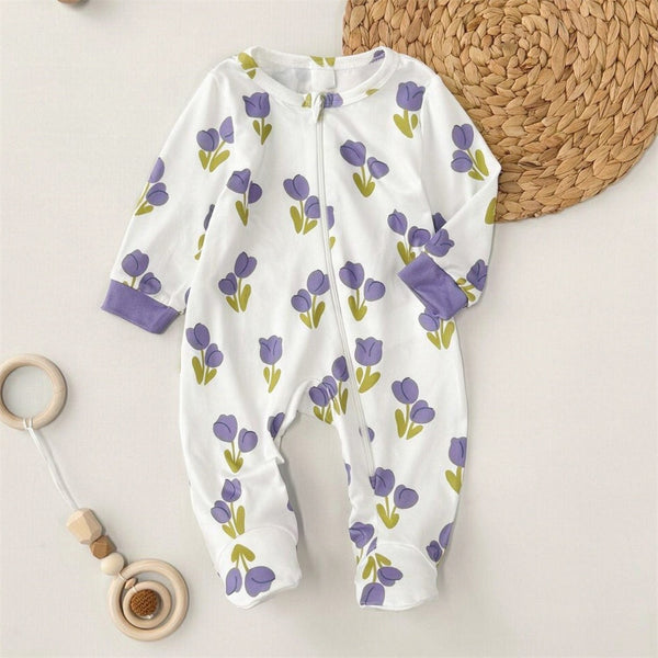 Gorgeous Floral Printed Zipper Long Sleeve Baby Jumpsuit