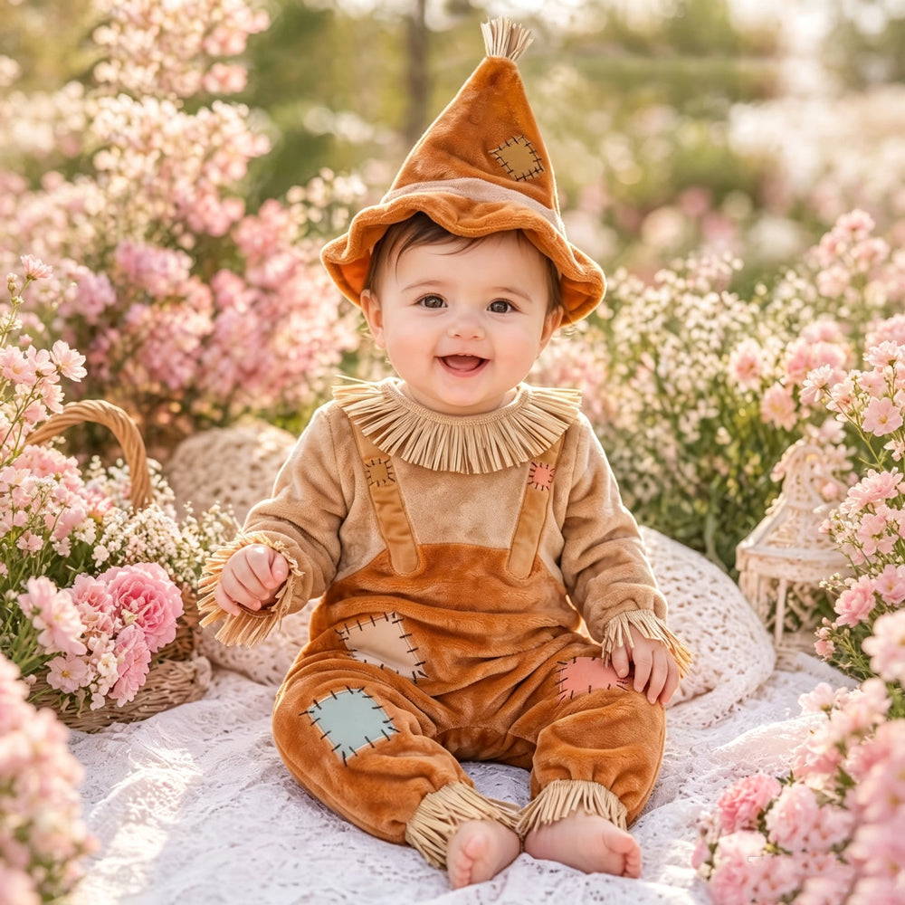 2PCS Vintage Scarecrow Style Plush Long Sleeve Baby Jumpsuit