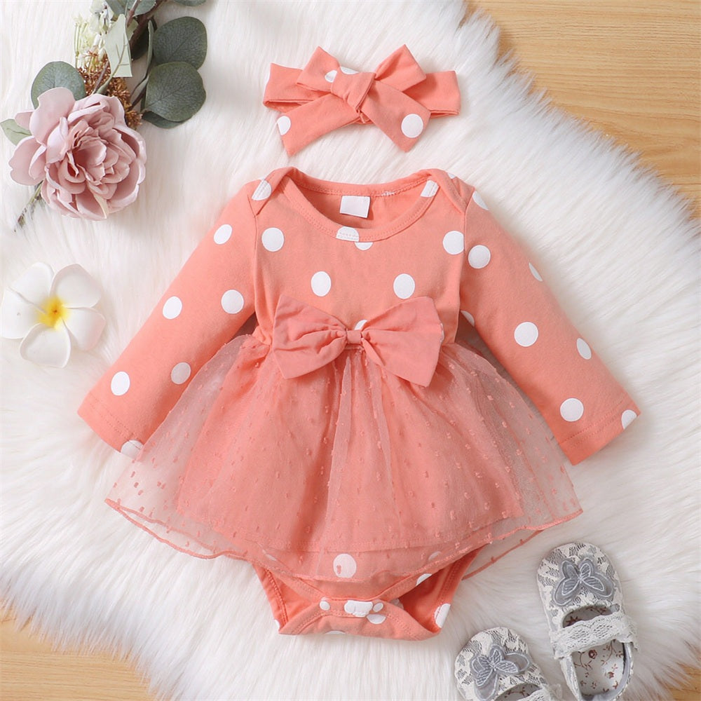 2PCS Cute Polka Dots Printed Long Sleeve Mesh Baby Romper Main image