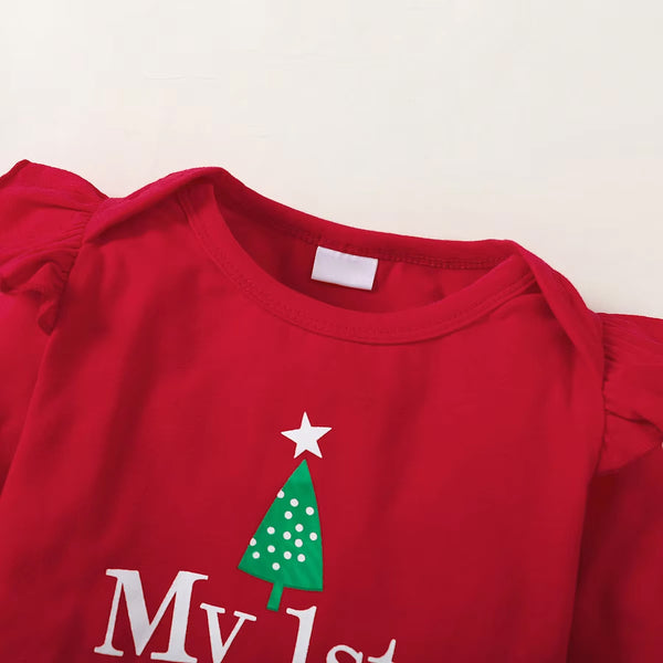 3PCS Sweet My 1st Christmas Letter Plaid Print Baby Girl Set