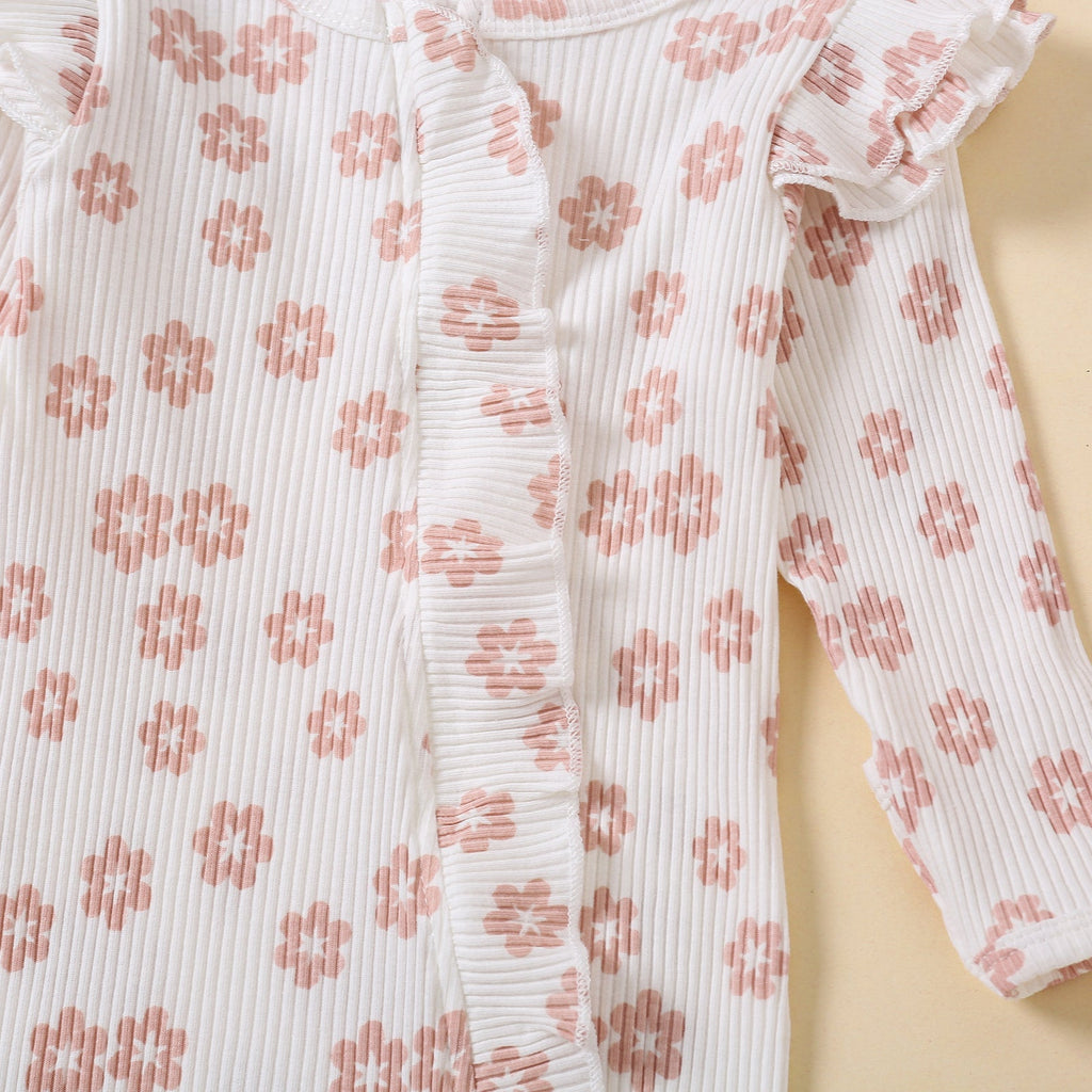 2PCS Pretty Floral Printed Ruffle Decor Long Sleeve Baby Jumpsuit