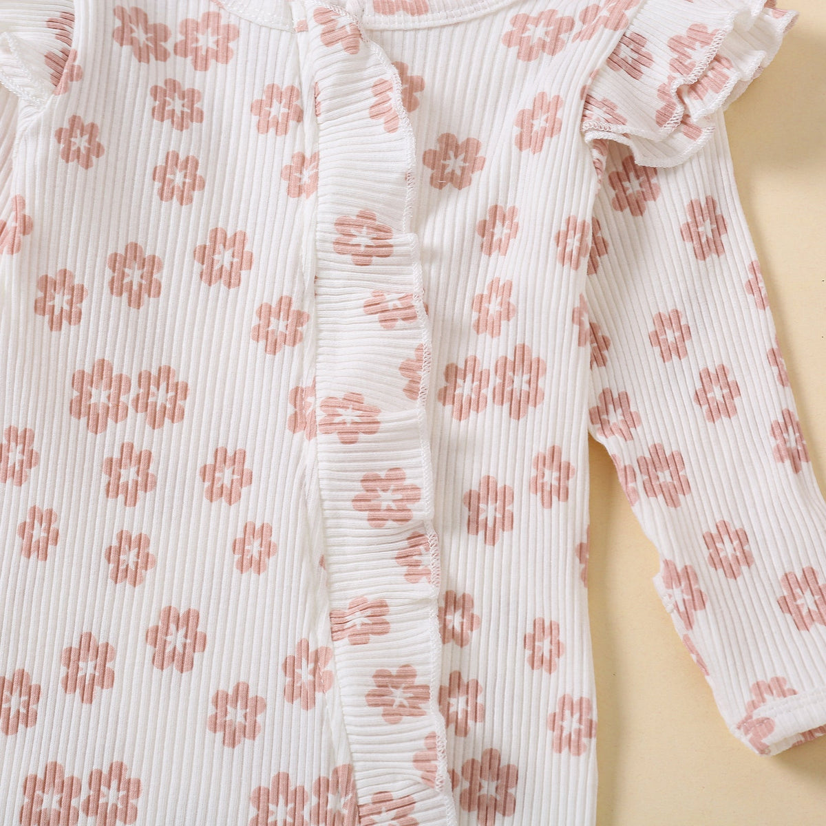 2PCS Pretty Floral Printed Ruffle Decor Long Sleeve Baby Jumpsuit