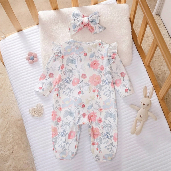 2PCS Elegant Floral Printed Ruffle Decor Zipper Baby Jumpsuit