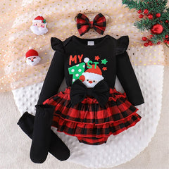 4PCS Lovely My 1st Christmas Letter Plaid Santa Claus Print Baby Set