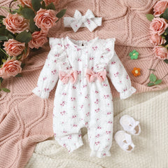 2PCS Allover Floral Printed Ruffle Long Sleeve Baby Girl Jumpsuit