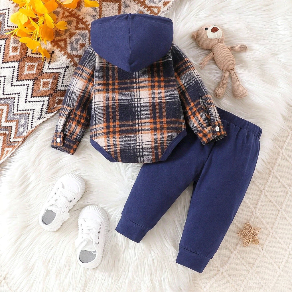 2PCS Comfy Plaid Printed Long Sleeve Hoodie Baby Set