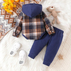 2PCS Comfy Plaid Printed Long Sleeve Hoodie Baby Set