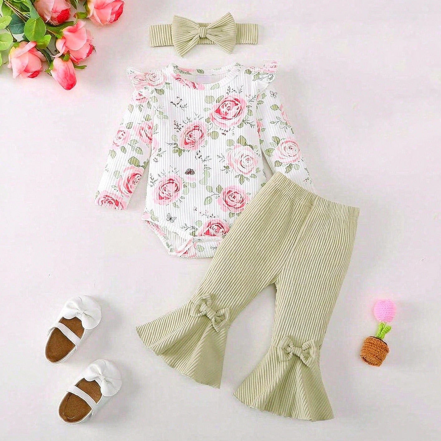 3PCS Fresh Floral Print Bowknot Long Sleeve Baby Girl Set