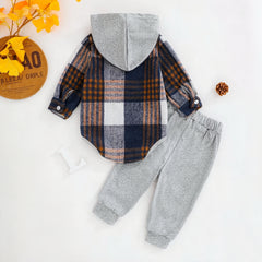 2PCS Cozy Plaid Print Long Sleeve Hoodie Baby Boy Set