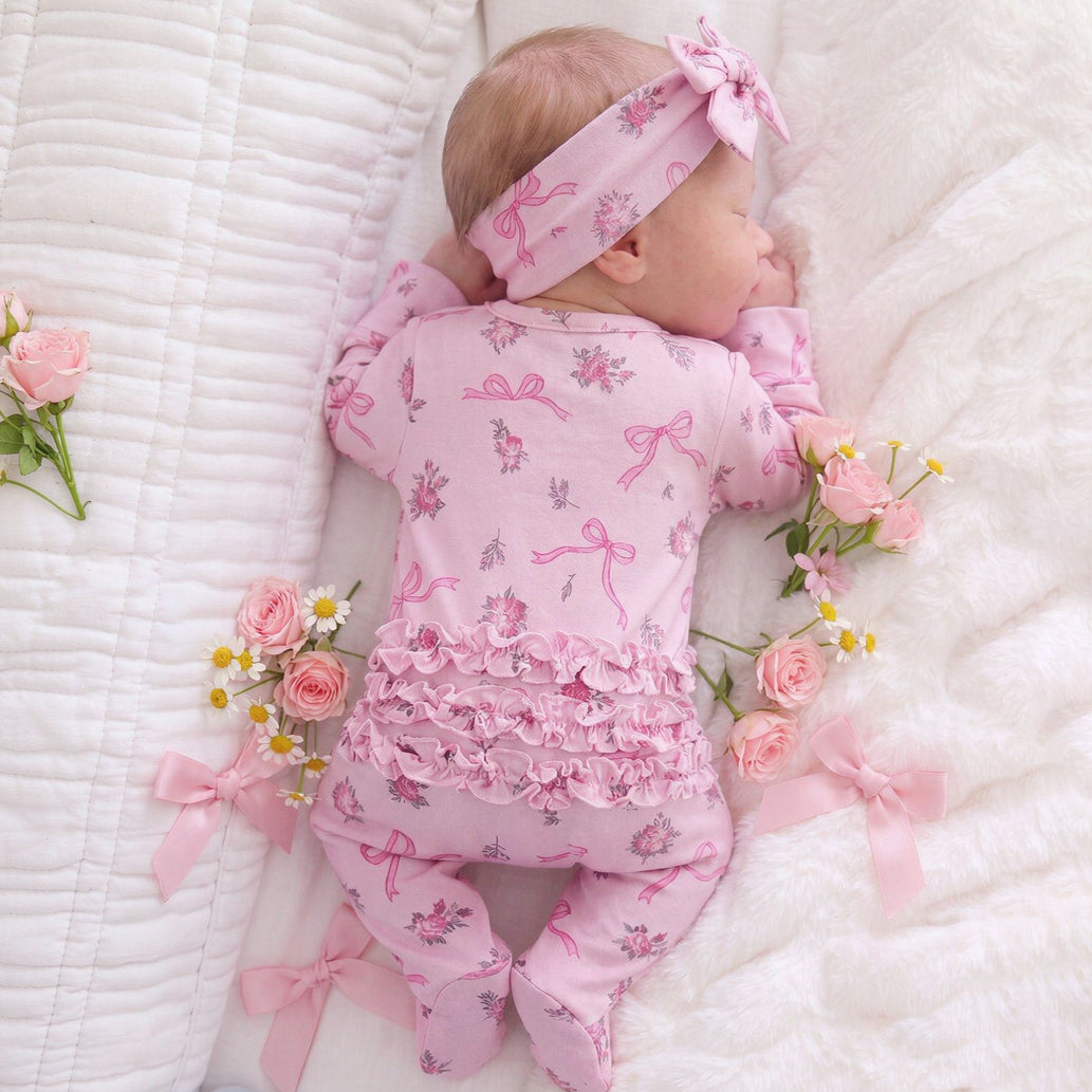 2PCS Delicate Floral Bow Print Zipper Long Sleeve Baby Girl Jumpsuit