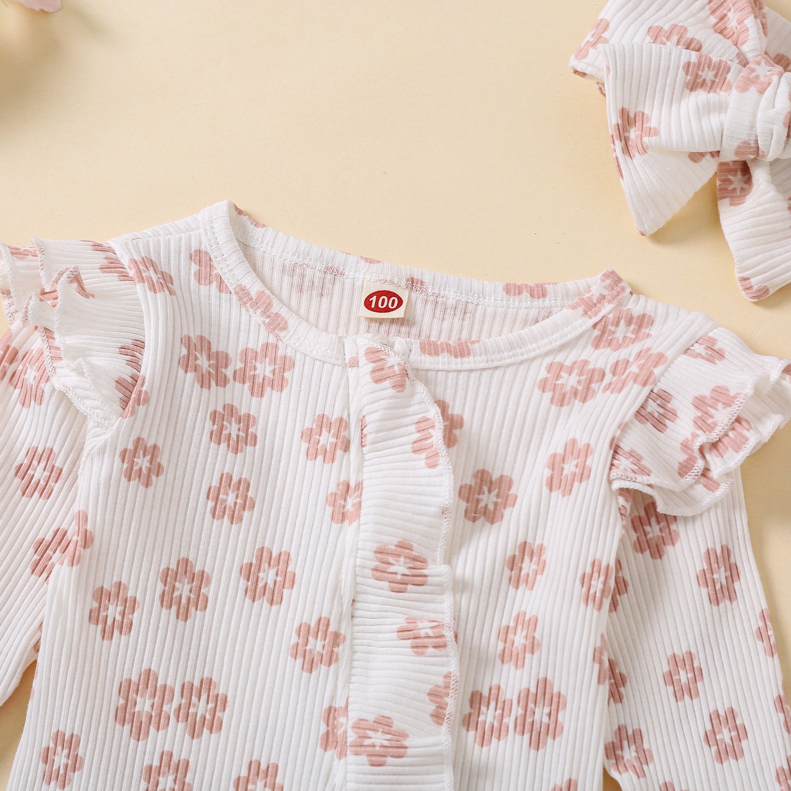 2PCS Pretty Floral Printed Ruffle Decor Long Sleeve Baby Jumpsuit