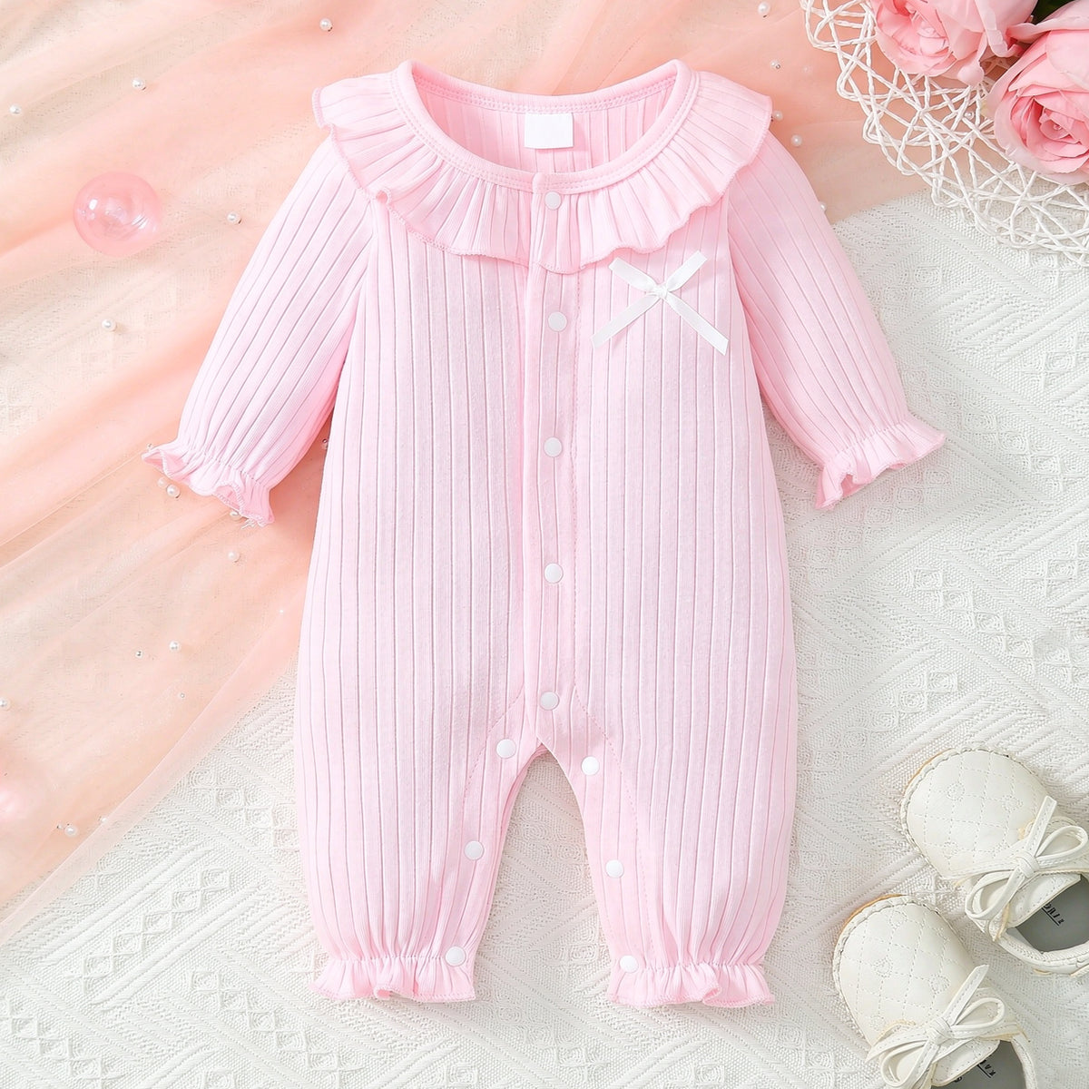 Cozy Solid Color Long Sleeve Ruffle Baby Girl Jumpsuit Main image