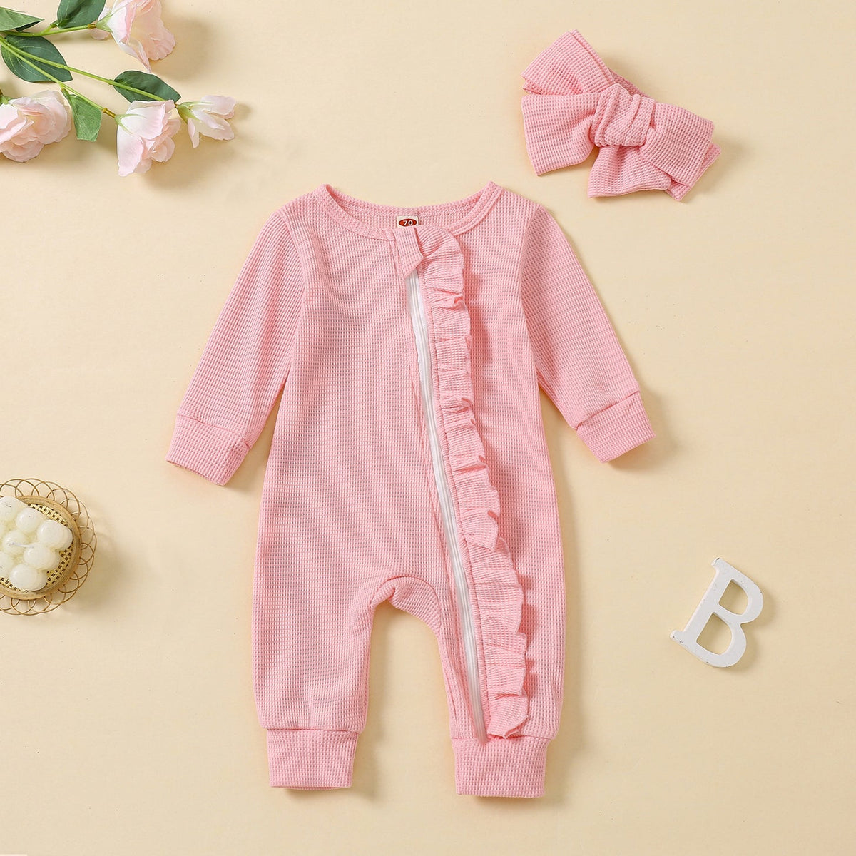2PCS Solid Color Long Sleeve Ruffle Zipper Baby Jumpsuit Main image