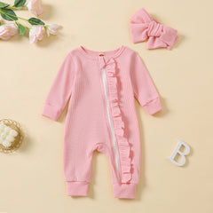 2PCS Solid Color Long Sleeve Ruffle Zipper Baby Jumpsuit