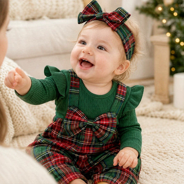 2PCS Vibrant Plaid Print Bow Long Sleeve Baby Girl Jumpsuit