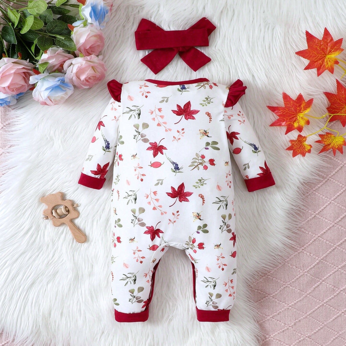 2PCS Allover Leaf Print Long Sleeve Baby Girl Jumpsuit