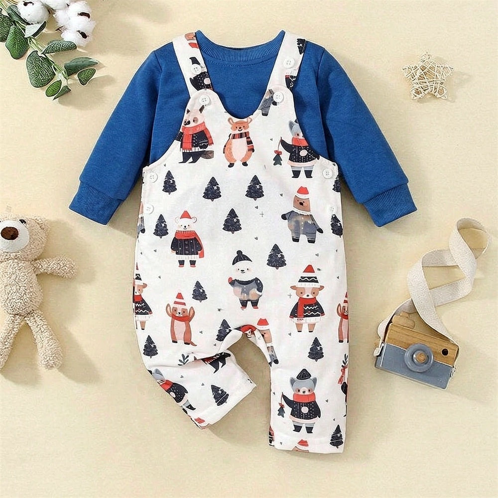 Cute Christmas Tree Animal Print Long Sleeve Baby Jumpsuit