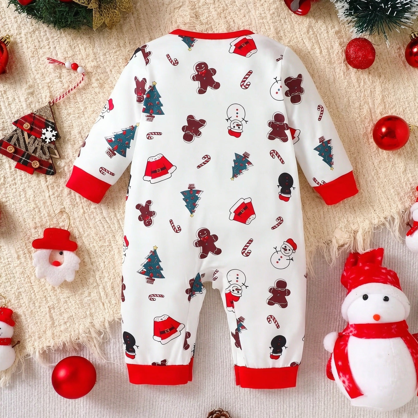 Christmas Snowman Gingerbread Man Print Long Sleeve Baby Jumpsuit