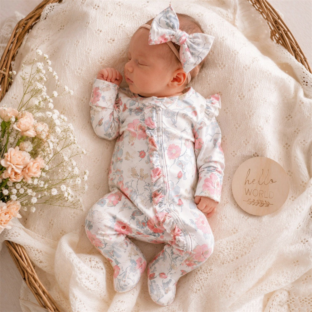 2PCS Elegant Floral Printed Ruffle Decor Zipper Baby Jumpsuit Main image
