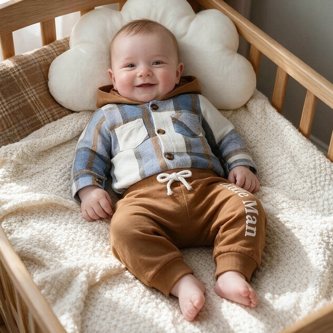2PCS Chic Little Man Letter Plaid Print Long Sleeve Hoodie Baby Set