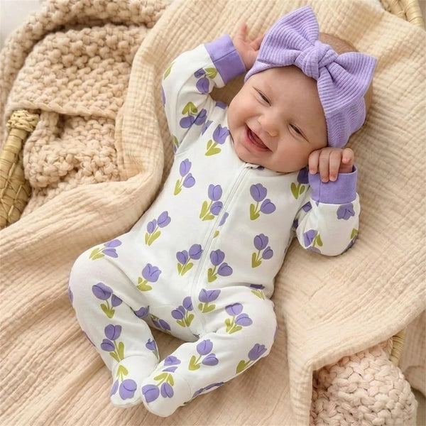 Gorgeous Floral Printed Zipper Long Sleeve Baby Jumpsuit