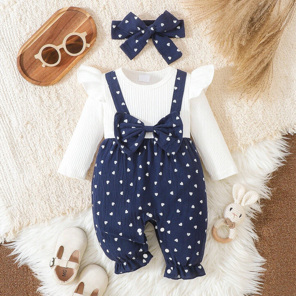 2PCS Lovely Color Block Heart Print Long Sleeve Baby Jumpsuit