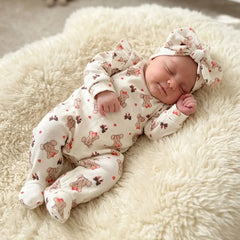 2PCS Classic Bear Print Long Sleeve Baby Jumpsuit