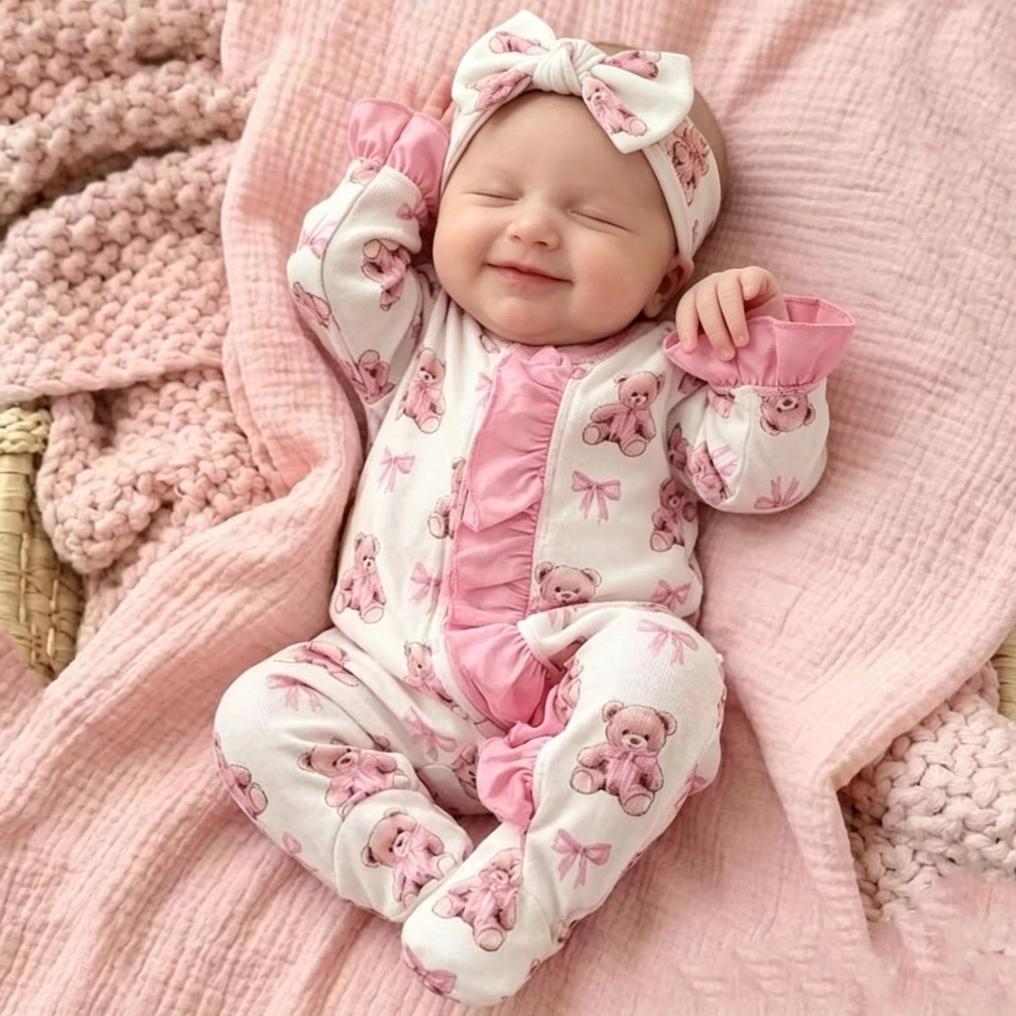 2PCS Gorgeous Bear Print Ruffle Zipper Baby Jumpsuit Secondary image