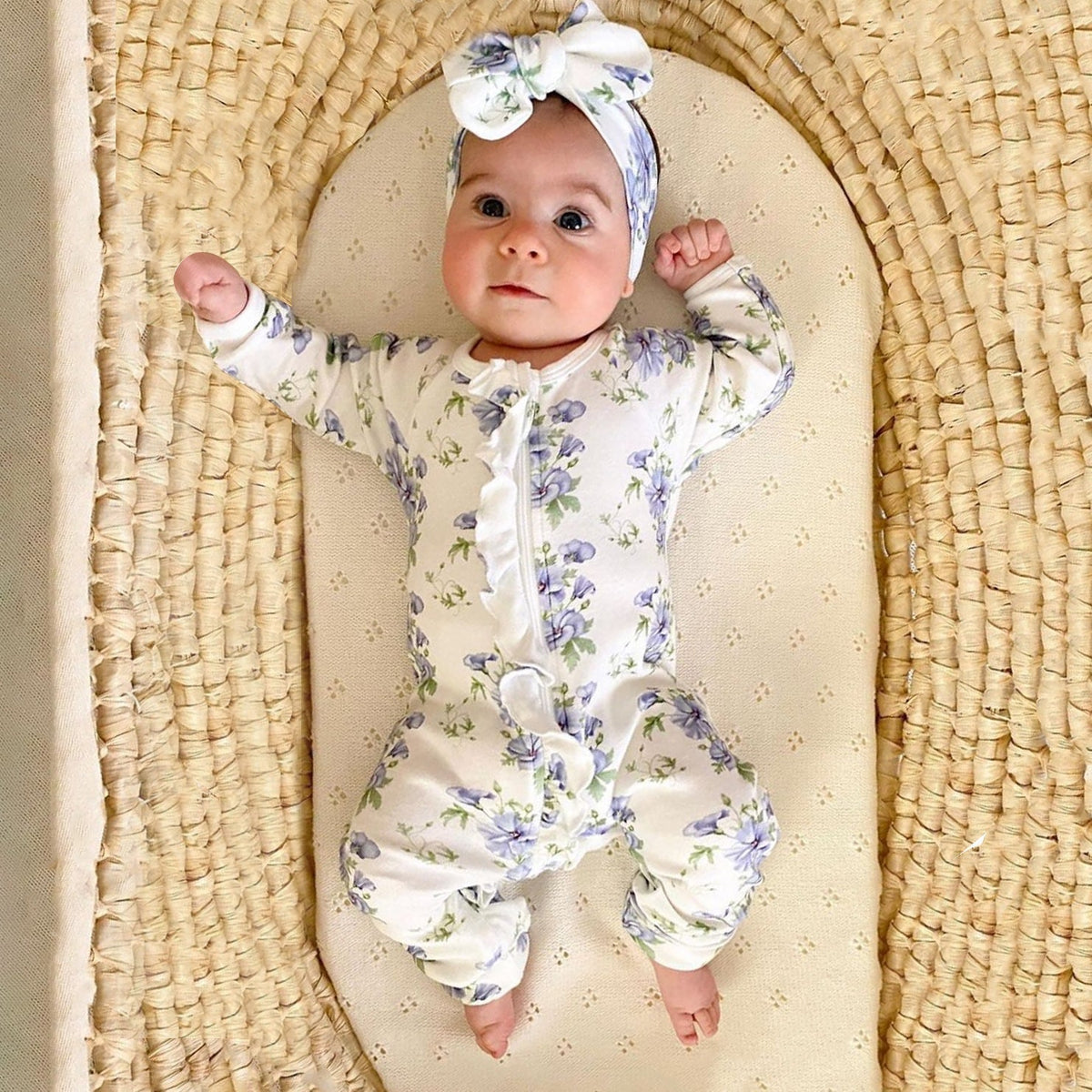2PCS Floral Printed Ruffle Decor Zipper Baby Jumpsuit