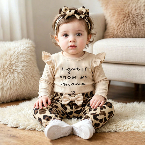 3PCS I Got It From My Mama Leopard Printed Baby Girl Set
