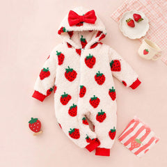 Cute Strawberry Printed Zipper Long Sleeve Fleece Baby Hooded Jumpsuit
