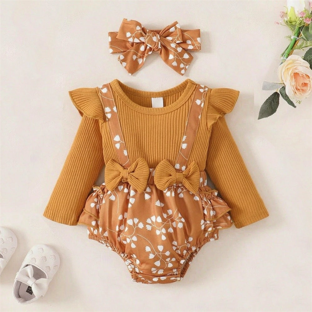 2PCS Lovely Floral Printed Bowknot Decor Long Sleeve Baby Romper Imagem principal do produto