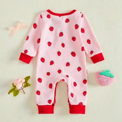 Lovely Strawberry Print Waffle Long Sleeve Baby Girl Jumpsuit
