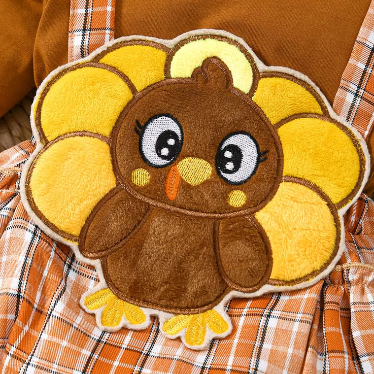 2PCS Thanksgiving Turkey Applique Plaid Printed Long Sleeve Baby Romper