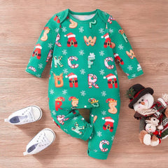 Lovely Cartoon Christmas Alphabet Print Long Sleeve Baby Jumpsuit